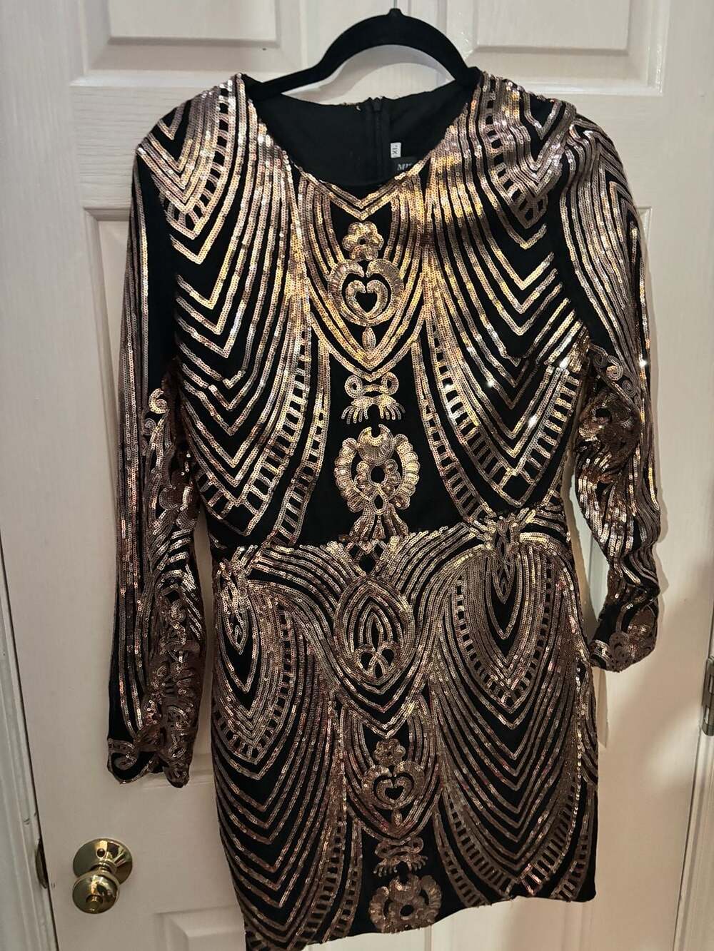Missord Black and Gold Sequin Geometric Pattern Bodycon Mini Dress XL